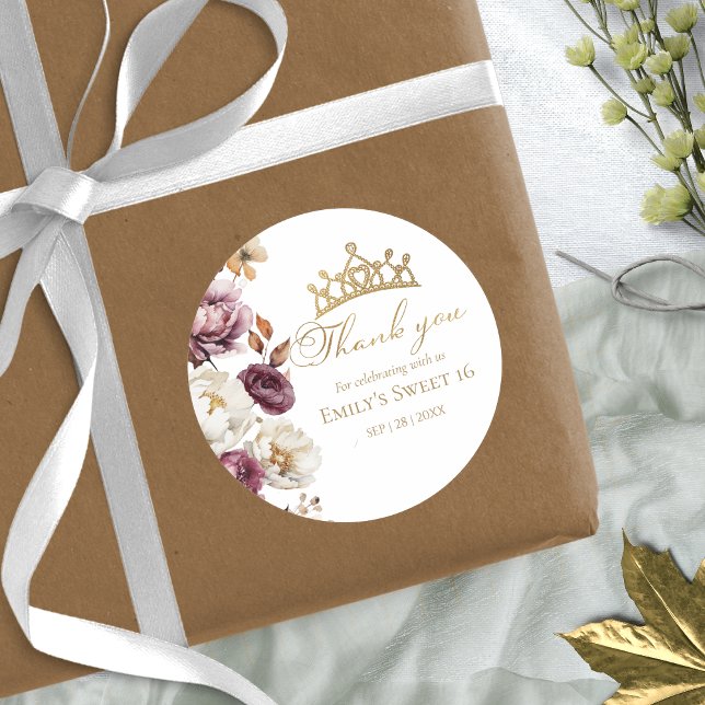 Burgundy Floral Autumn Sweet 16 Thank You Cards Classic Round Sticker (Creator Uploaded)
