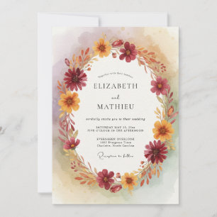 Burgundy Floral Autumn Wreath Wedding Invitation
