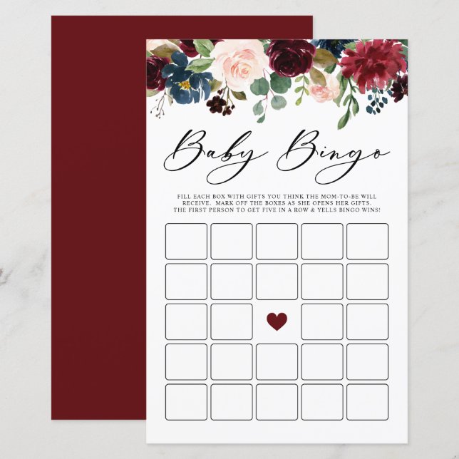Burgundy Floral Baby Bingo Baby Shower Game (Front/Back)