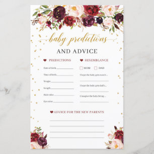 Burgundy floral baby predictions and advice game