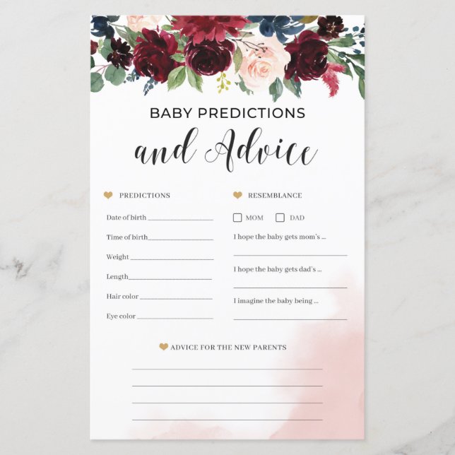 Burgundy floral baby predictions and advice game (Front)