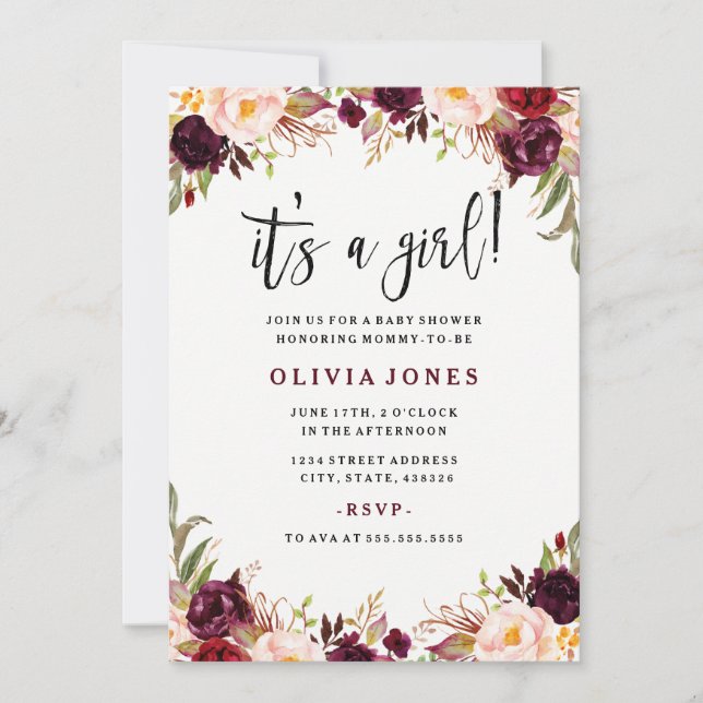 Burgundy Floral Baby Shower Invitation (Front)