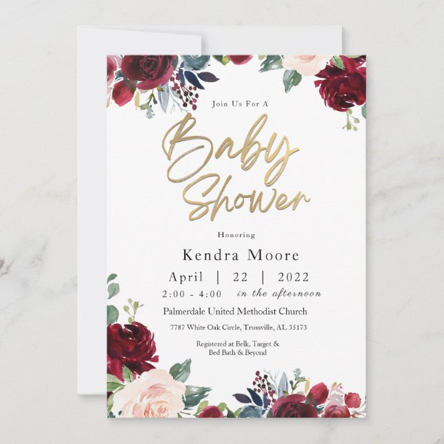 Burgundy Floral Baby Shower Invitation (Front)