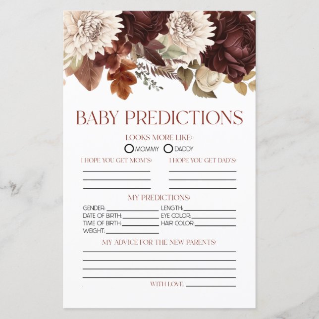 Burgundy Floral Baby Shower Predictions Game (Front)