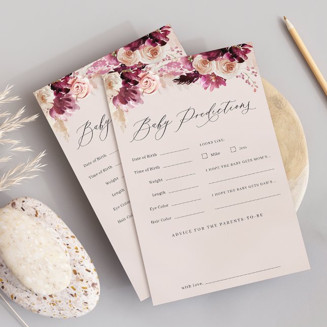 Burgundy Floral Baby Shower Predictions Game Sheet (Creator Uploaded)