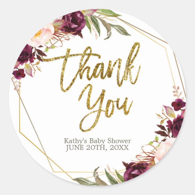 Burgundy Floral Baby Shower Thank You Sticker (Front)