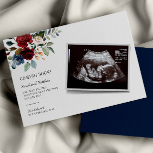 Burgundy Floral Baby Sonogram Pregnancy Announcement