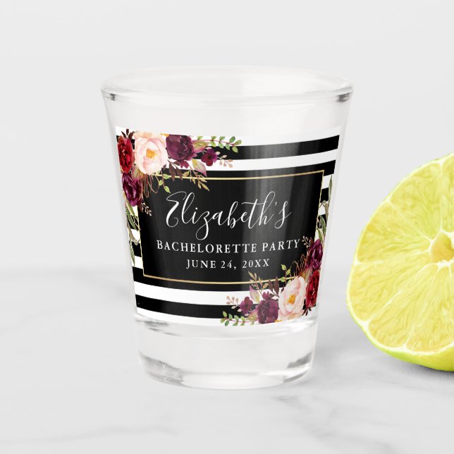 Burgundy Floral Bachelorette Party Striped Shot Glass (Front)