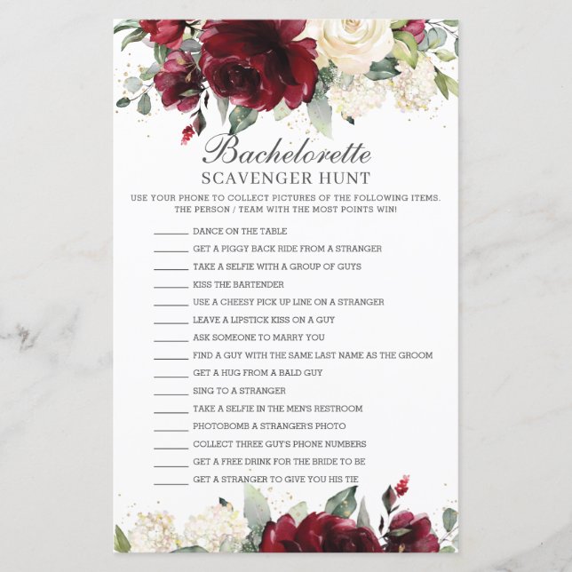Burgundy Floral Bachelorette Scavenger Hunt Game (Front)