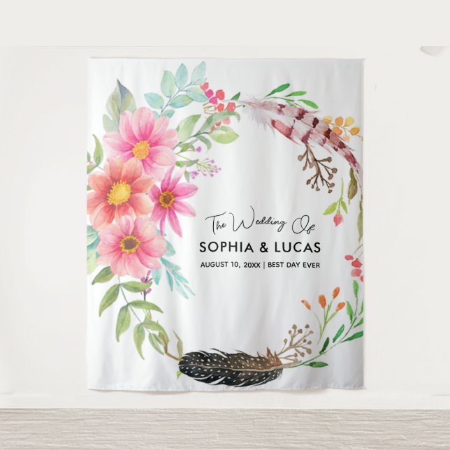 Burgundy Floral Backdrop | Rustic Photo Booth Prop Tapestry (Front)