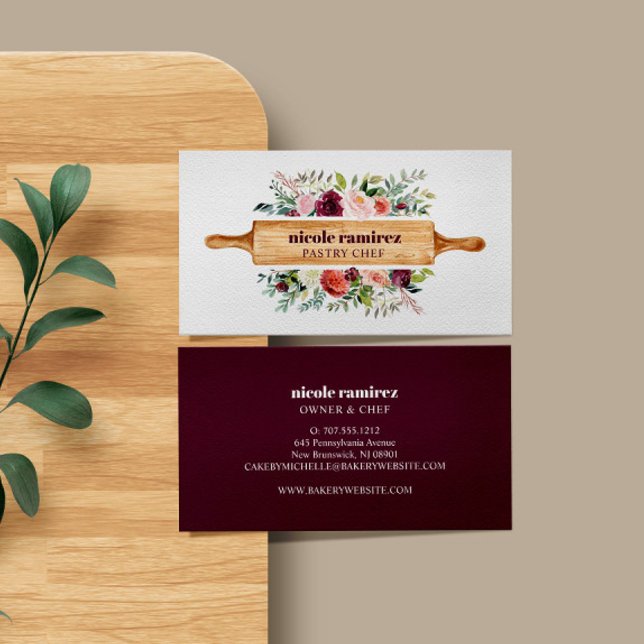 Burgundy  Floral Bakery Rolling Pin Patisserie Business Card (FLORAL WATERCOLOR BUSINESS CARD FOR BAKERY OR PASTRY SHOP WITH ROLLING PIN)