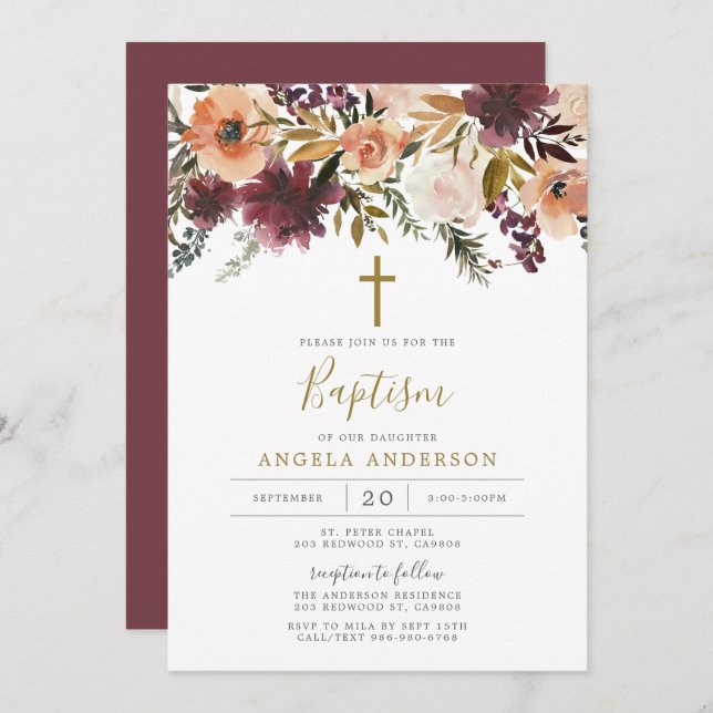 Burgundy Floral Baptism/Christening Invitation (Front/Back)