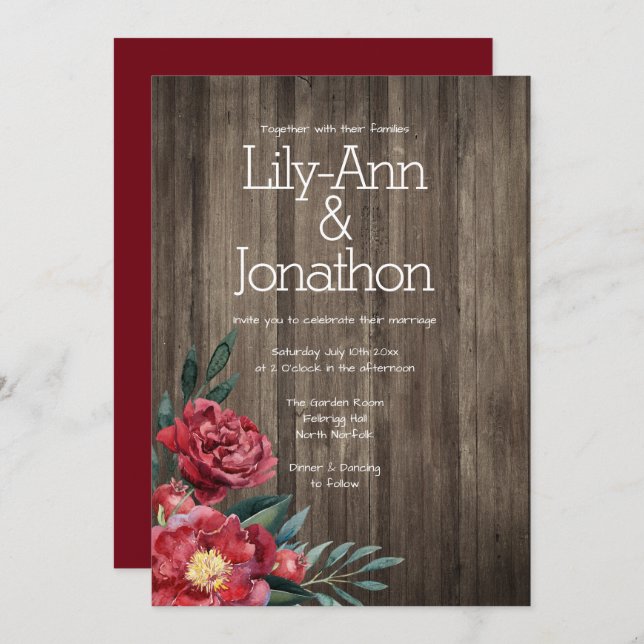 Burgundy Floral Barn Wood Rustic Wedding Invitation (Front/Back)