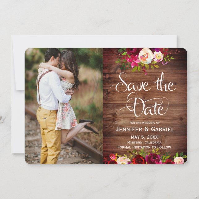 Burgundy Floral Barn Wood Save the Date Photo (Front)