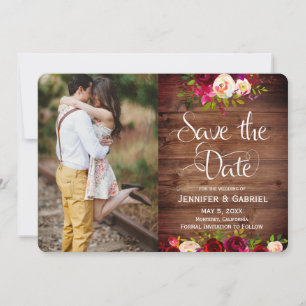 Burgundy Floral Barn Wood Save the Date Photo