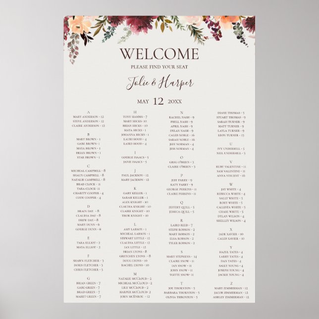 Burgundy Floral | Beige Alphabetical Seating Chart (Front)