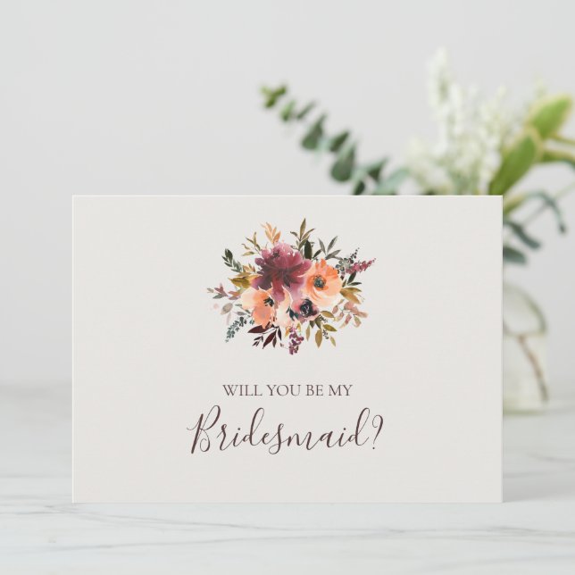 Burgundy Floral | Beige Bridesmaid Proposal Card (Standing Front)