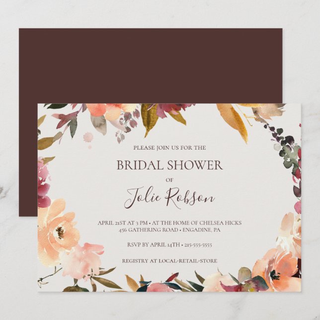 Burgundy Floral | Beige Horizontal Bridal Shower Invitation (Front/Back)