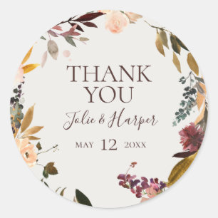Burgundy Floral   Beige Thank You Wedding Favour Classic Round Sticker