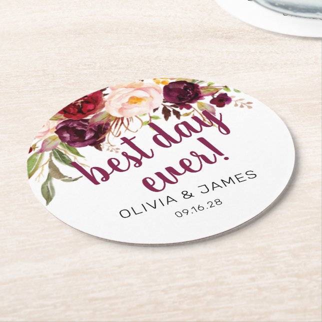 Burgundy Floral Best Day Ever Wedding Favour Round Paper Coaster (Angled)