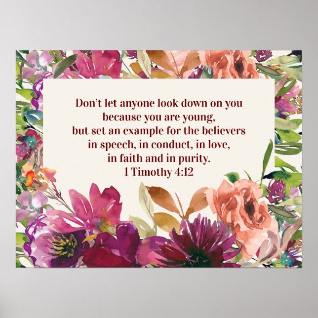 Burgundy Floral Bible Verse Timothy Youth Poster (Front)