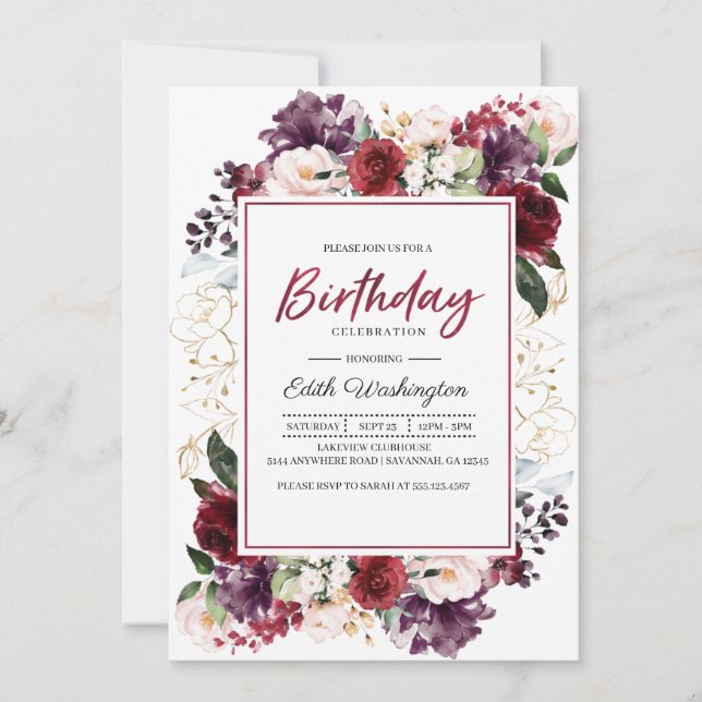 Burgundy Floral Birthday Invitation (Front)