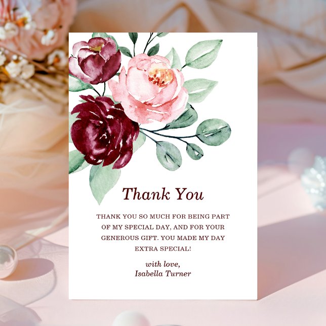 Burgundy Floral | Birthday Thank You Card (Creator Uploaded)