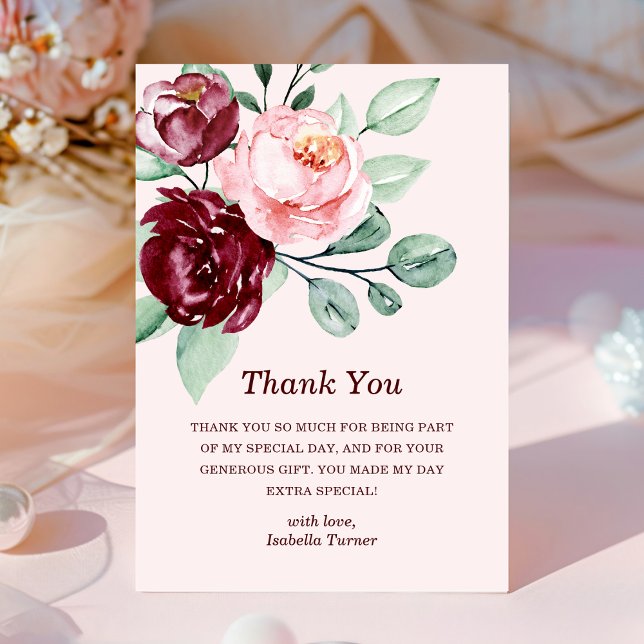 Burgundy Floral | Birthday Thank You Card (Creator Uploaded)