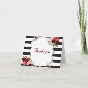 Burgundy Floral Black and White Stripes Thank You Card