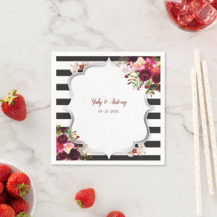 Burgundy Floral Black and White Stripes Wedding  Napkin