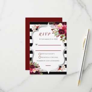 Burgundy Floral Black and White Stripes Wedding RSVP Card