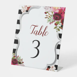 Burgundy Floral Black and White Table Number Pedestal Sign