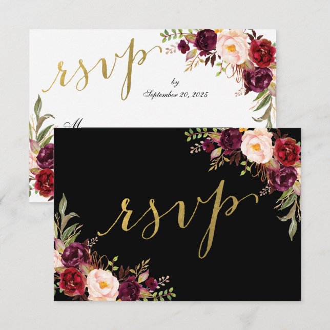 Burgundy Floral Black Faux Gold Foil Wedding RSVP Invitation (Front/Back)