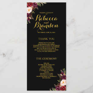 Burgundy Floral Black Gold Custom Wedding Program Programme