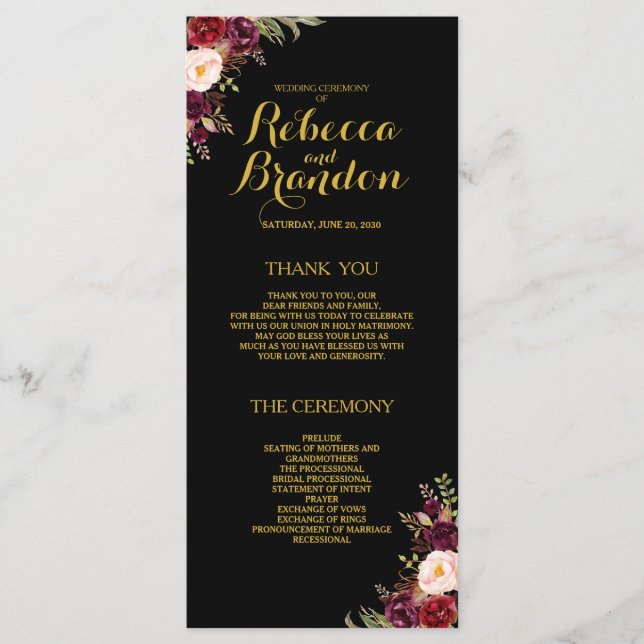 Burgundy Floral Black Gold Custom Wedding Program Programme (Front)