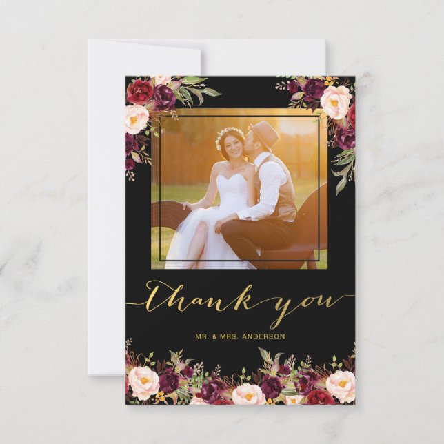 Burgundy Floral Black Gold Photo Wedding Thank You Card (Front)