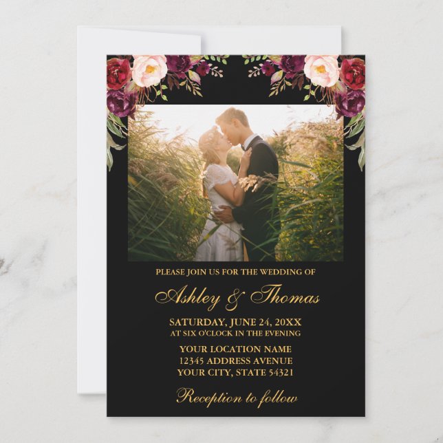 Burgundy Floral Black Gold Wedding Photo Invitation (Front)