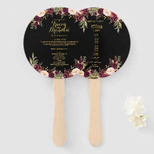 Burgundy Floral Black Gold Wedding Program Hand Fan
