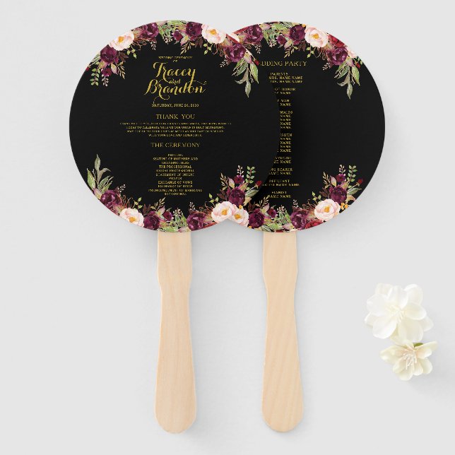 Burgundy Floral Black Gold Wedding Program Hand Fan (Front and Back)