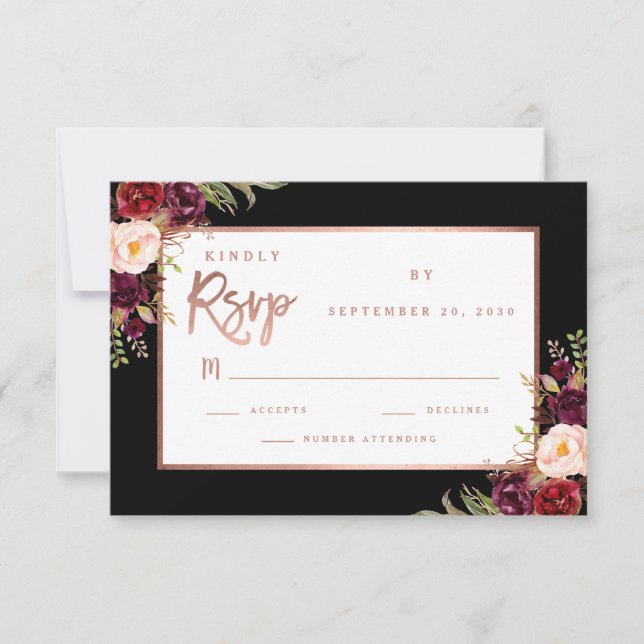 Burgundy Floral Black Rose Gold Moody Wedding RSVP (Front)