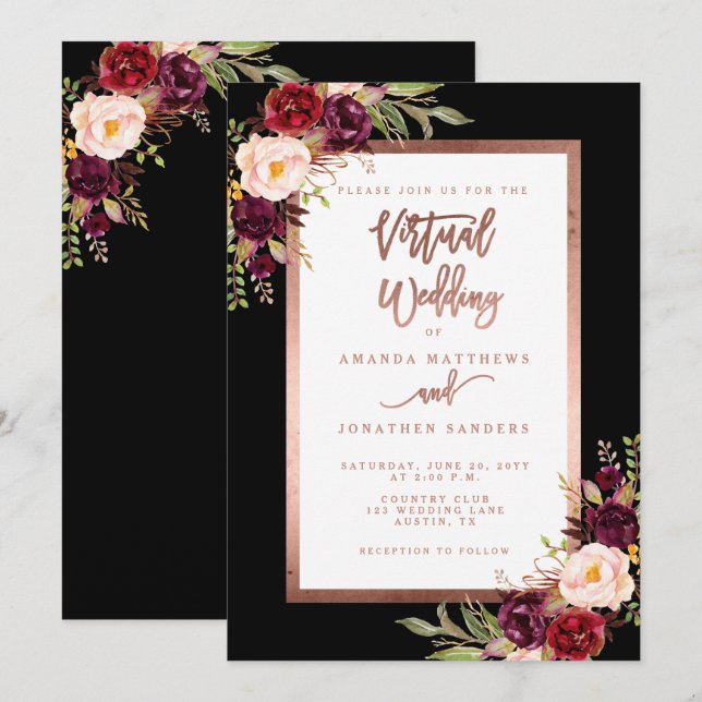 Burgundy Floral Black Rose Gold Virtual Wedding Invitation (Front/Back)