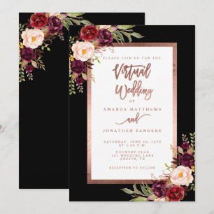 Burgundy Floral Black Rose Gold Virtual Wedding Invitation