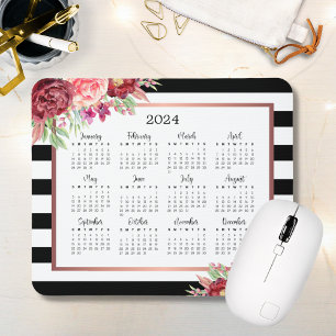 Burgundy Floral Black Stripes 2024 Calendar Mouse Mat