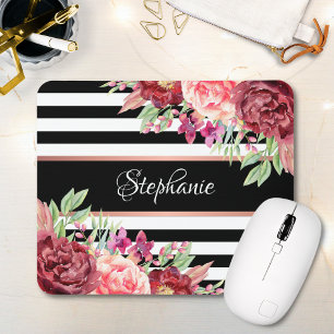 Burgundy Floral Black Stripes Monogram Name Mouse Mat