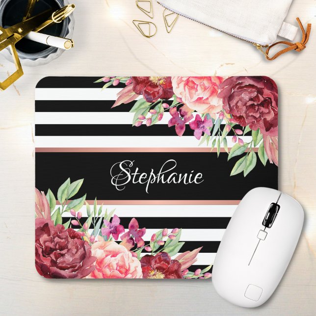 Burgundy Floral Black Stripes Monogram Name Mouse Mat (Creator Uploaded)