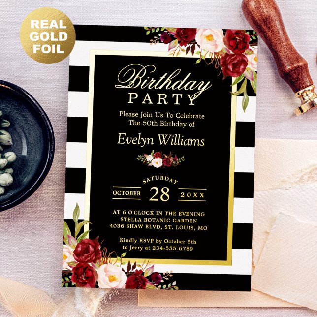 Burgundy Floral Black White Stripes Birthday Party (Creator Uploaded)
