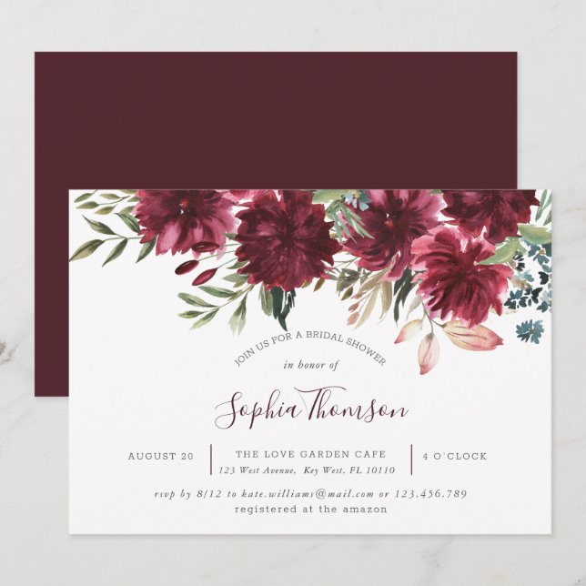 Burgundy Floral Bloom  Bridal Shower Invite (Front/Back)