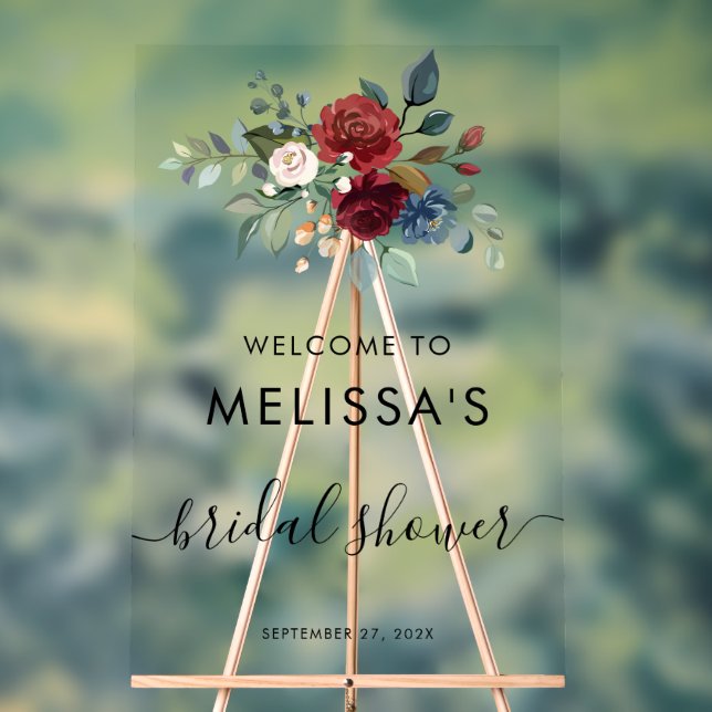 Burgundy Floral Bloom Script Bridal Shower Acrylic Sign (Neutral)