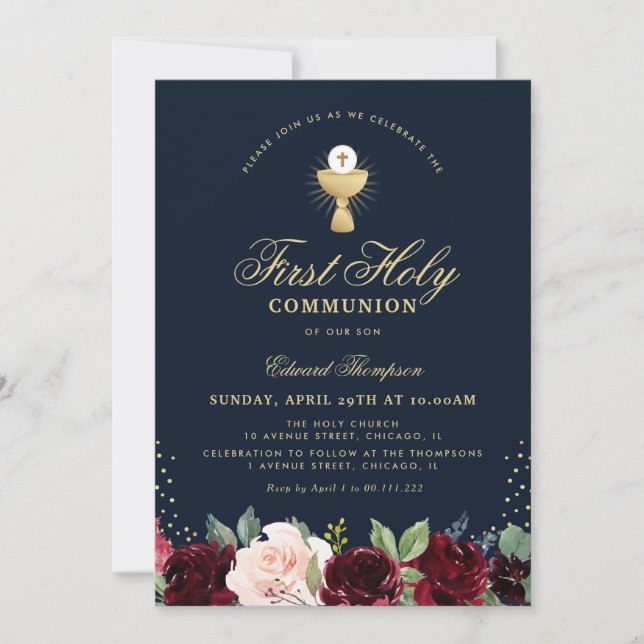 burgundy floral blue first communion invitation (Front)