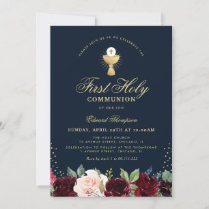 burgundy floral blue first communion invitation